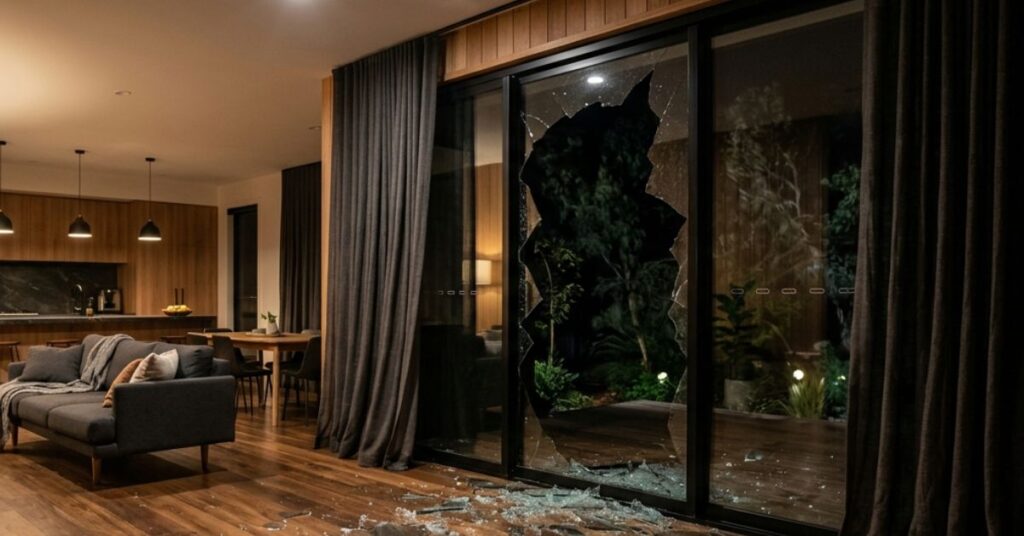 broken window glass scattered on timber floor