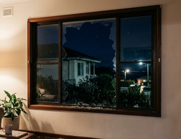 a shattered window with broken glass on the floor inside