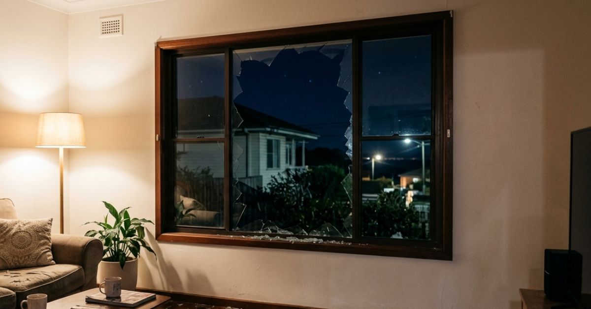 a shattered window with broken glass on the floor inside