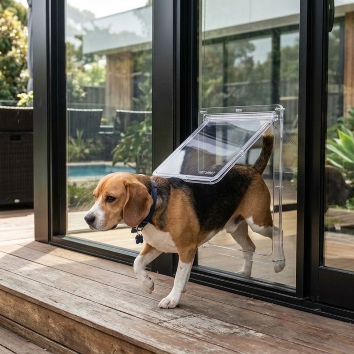 Beagle dog walking through a professionally installed clear acrylic pet door