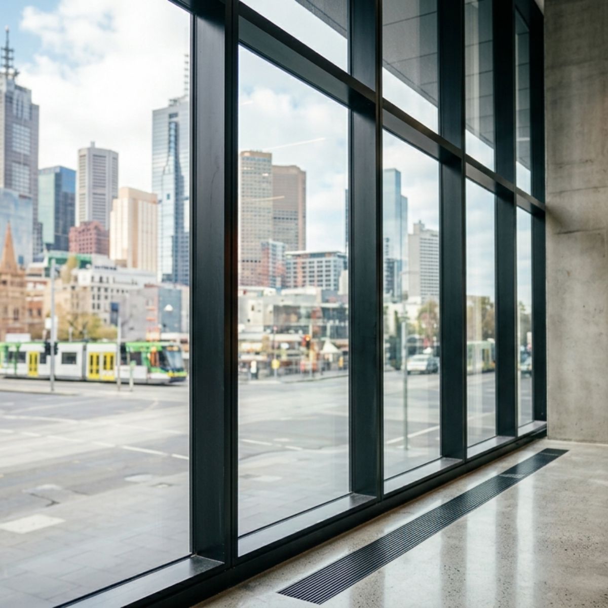 Modern commercial building with expansive floor-to-ceiling glazing, aluminium framing and a polished glass entranc